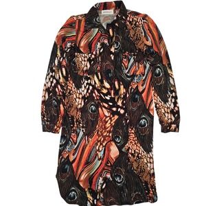 Veronicam Peacock Animal Print Shirt Dress Orange Brown‎ Blue Long Sleeve Medium